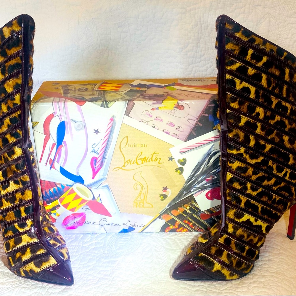 Christian Louboutin Gouzimine 120 Rouge Met Patent Leopard Boots